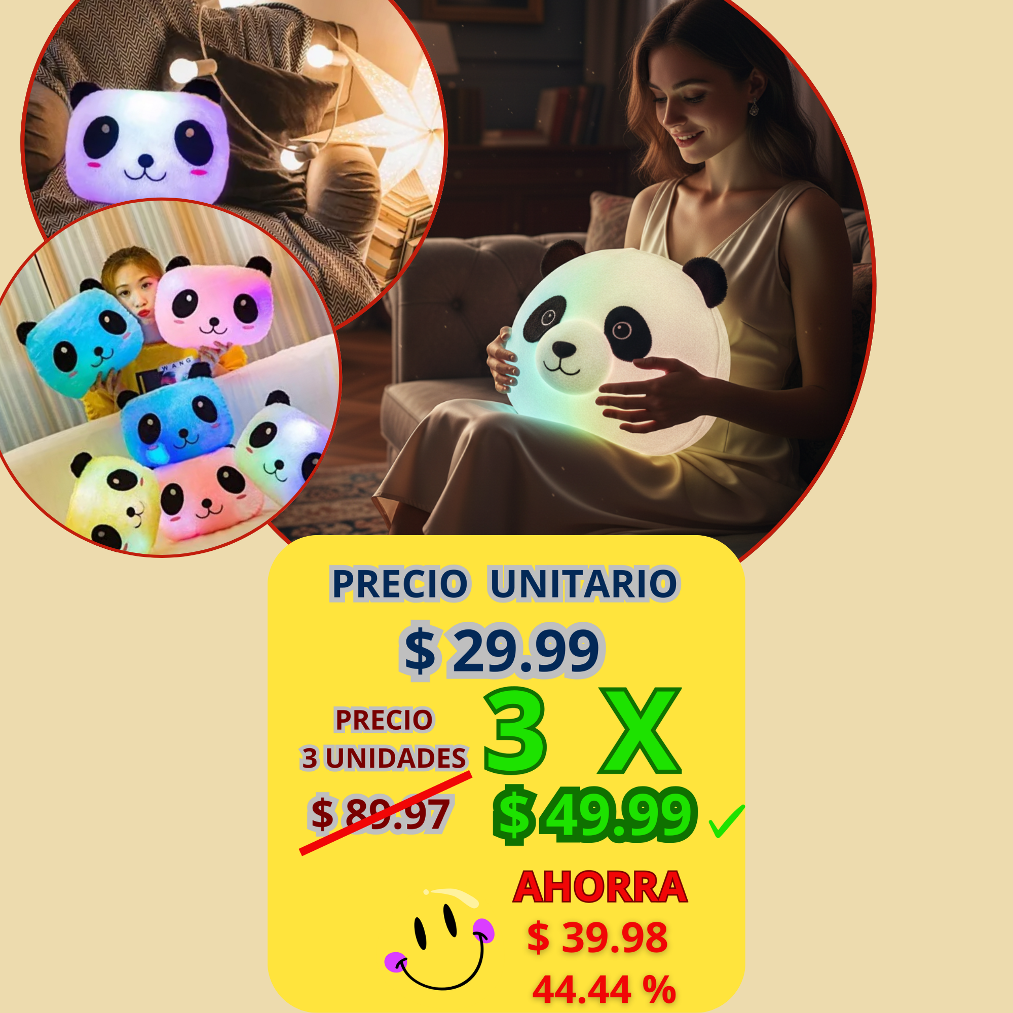 Cojín, almohada oso panda luminoso LED