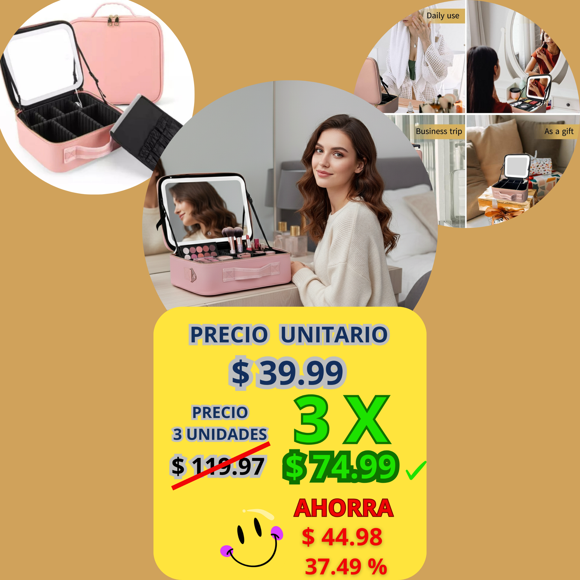 Bolsa de maquillaje con espejo y luz led