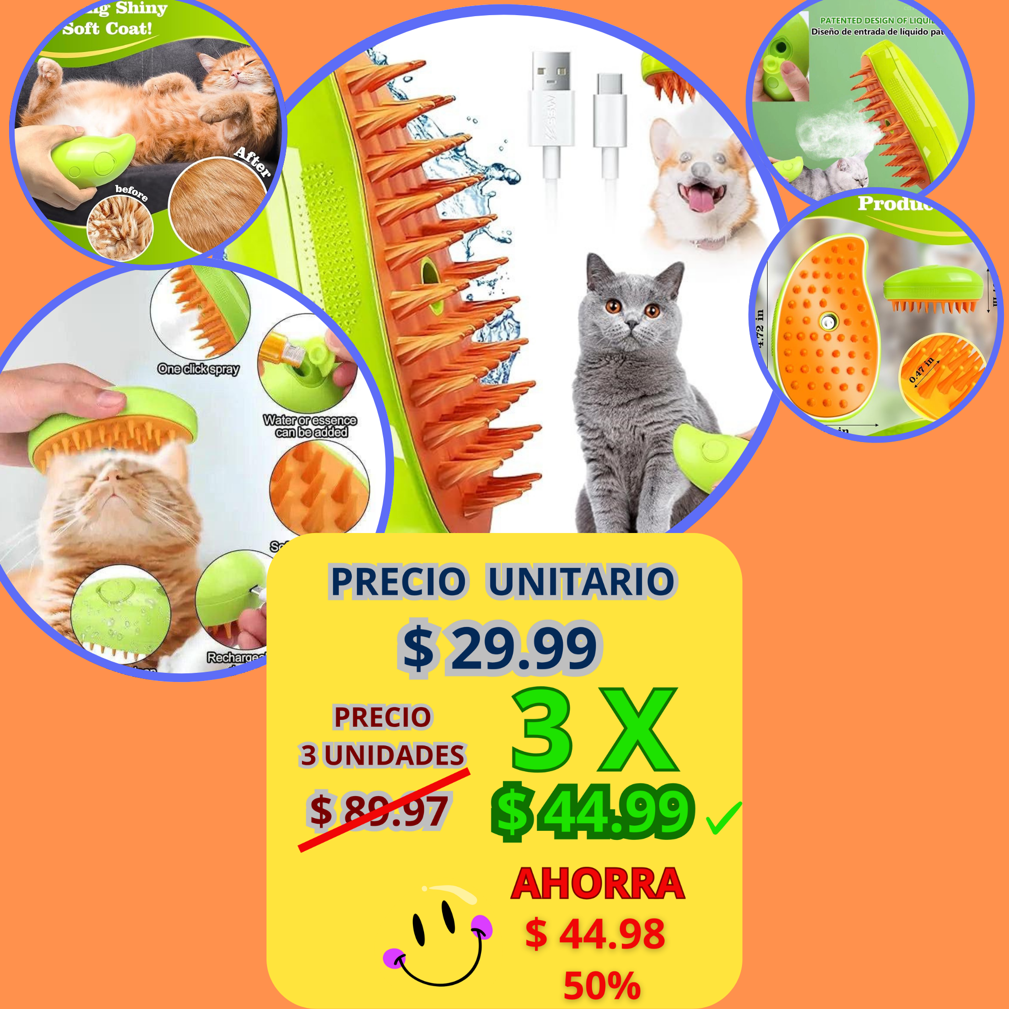 Cepillo Vapor para Mascotas 3 en 1